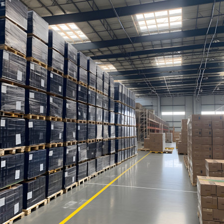A warehouse within the factory filled with neatly stacked boxes containing solar cell parts. The image conveys the organization and logistics involved. AI Generated, Generative AI.の素材