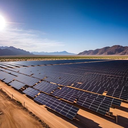 vast solar farm stretching across an expansive desert landscape. The image captures row upon row of solar panels. AI Generated, Generative AI.の素材
