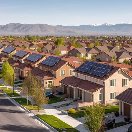 Residential neighborhood where every house has solar panels on its roof. The image captures a sunny day, and the rooftops are adorned with rows of solar panels. AI Generated, Generative AI.の素材
