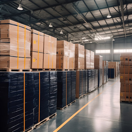 A warehouse within the factory filled with neatly stacked boxes containing solar cell parts. The image conveys the organization and logistics involved. AI Generated, Generative AI.の素材