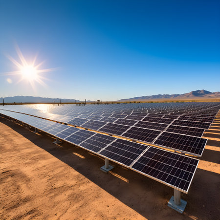 vast solar farm stretching across an expansive desert landscape. The image captures row upon row of solar panels. AI Generated, Generative AI.の素材
