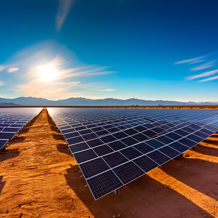 vast solar farm stretching across an expansive desert landscape. The image captures row upon row of solar panels. AI Generated, Generative AI.の素材