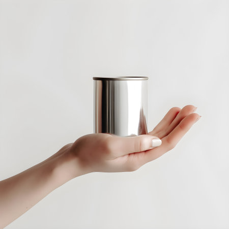 Human hands held metal cans between them. Concept about donation to homeless and sharing, on white background.の素材
