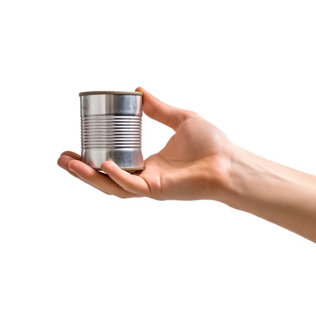 Human hands held metal cans between them. Concept about donation to homeless and sharing, on white background.の素材