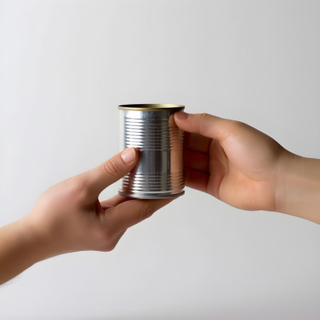 Human hands held metal cans between them. Concept about donation to homeless and sharing, on white background.の素材