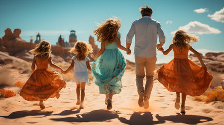 family have fun on beach, Happy family travel and vacations concept. AI Generated, Generative AIの素材
