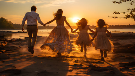 family have fun on beach, Happy family travel and vacations concept. AI Generated, Generative AIの素材