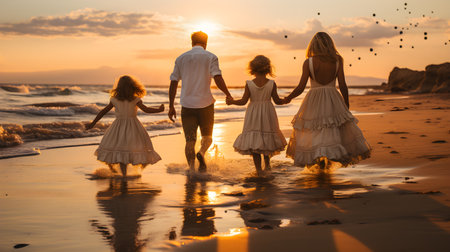 family have fun on beach, Happy family travel and vacations concept. AI Generated, Generative AIの素材