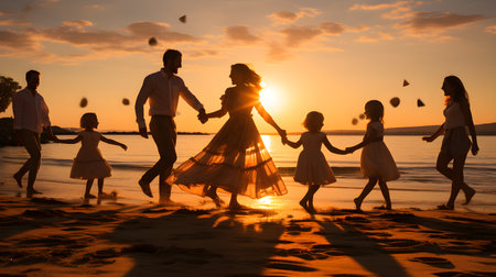 family have fun on beach, Happy family travel and vacations concept. AI Generated, Generative AIの素材