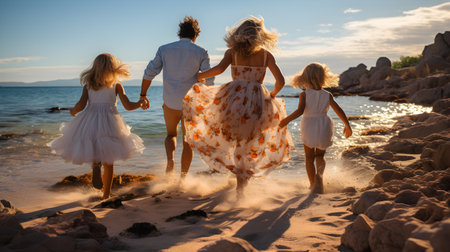 family have fun on beach, Happy family travel and vacations concept. AI Generated, Generative AIの素材