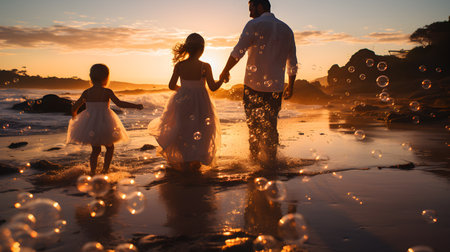 family have fun on beach, Happy family travel and vacations concept. AI Generated, Generative AIの素材