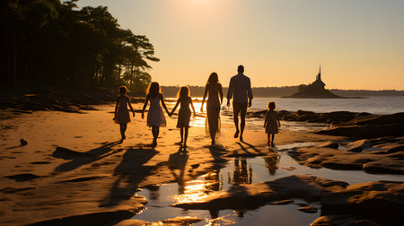 family have fun on beach, Happy family travel and vacations concept. AI Generated, Generative AIの素材