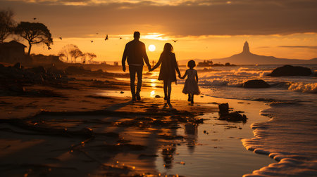 family have fun on beach, Happy family travel and vacations concept. AI Generated, Generative AIの素材