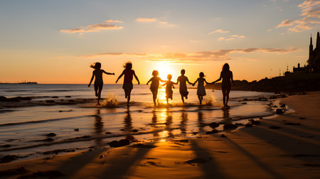 family have fun on beach, Happy family travel and vacations concept. AI Generated, Generative AIの素材
