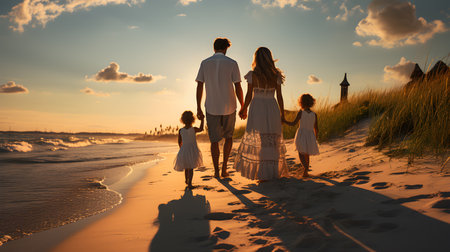 family have fun on beach, Happy family travel and vacations concept. AI Generated, Generative AIの素材