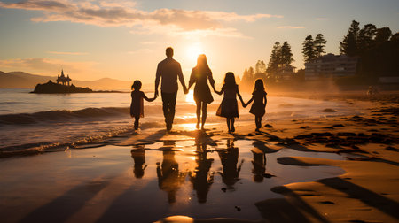 family have fun on beach, Happy family travel and vacations concept. AI Generated, Generative AIの素材
