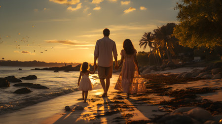 family have fun on beach, Happy family travel and vacations concept. AI Generated, Generative AIの素材