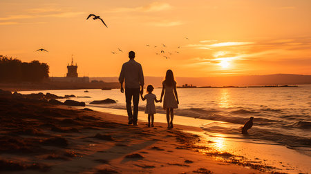 family have fun on beach, Happy family travel and vacations concept. AI Generated, Generative AIの素材