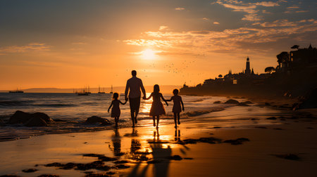 family have fun on beach, Happy family travel and vacations concept. AI Generated, Generative AIの素材