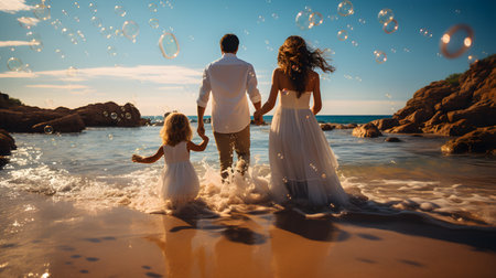family have fun on beach, Happy family travel and vacations concept. AI Generated, Generative AIの素材
