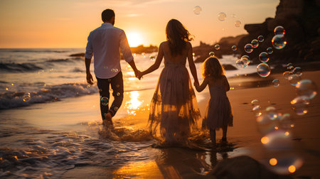family have fun on beach, Happy family travel and vacations concept. AI Generated, Generative AIの素材
