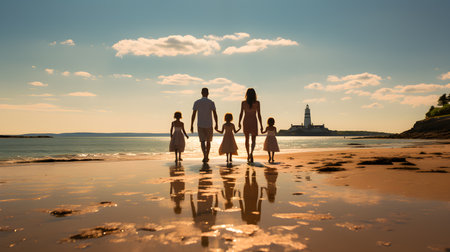 family have fun on beach, Happy family travel and vacations concept. AI Generated, Generative AIの素材
