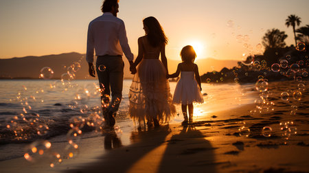 family have fun on beach, Happy family travel and vacations concept. AI Generated, Generative AIの素材