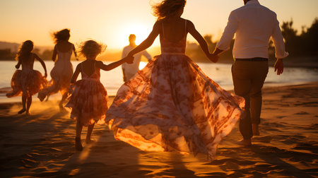 family have fun on beach, Happy family travel and vacations concept. AI Generated, Generative AIの素材