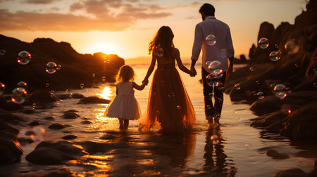 family have fun on beach, Happy family travel and vacations concept. AI Generated, Generative AIの素材