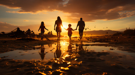 family have fun on beach, Happy family travel and vacations concept. AI Generated, Generative AIの素材