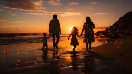 family have fun on beach, Happy family travel and vacations concept. AI Generated, Generative AIの素材