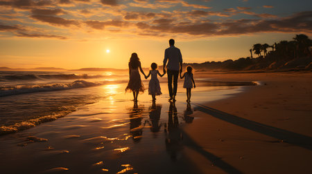 family have fun on beach, Happy family travel and vacations concept. AI Generated, Generative AIの素材