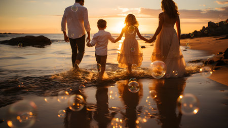 family have fun on beach, Happy family travel and vacations concept. AI Generated, Generative AIの素材