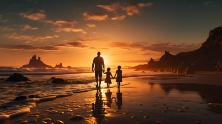 family have fun on beach, Happy family travel and vacations concept. AI Generated, Generative AIの素材
