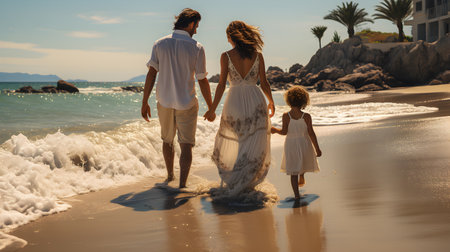 family have fun on beach, Happy family travel and vacations concept. AI Generated, Generative AIの素材