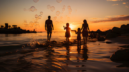 family have fun on beach, Happy family travel and vacations concept. AI Generated, Generative AIの素材