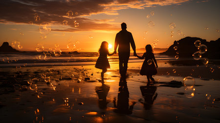 family have fun on beach, Happy family travel and vacations concept. AI Generated, Generative AIの素材