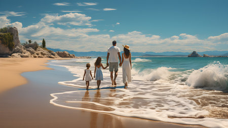 family have fun on beach, Happy family travel and vacations concept. AI Generated, Generative AIの素材