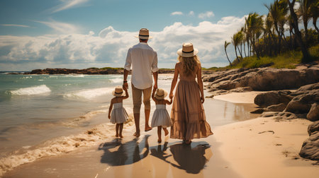 family have fun on beach, Happy family travel and vacations concept. AI Generated, Generative AIの素材