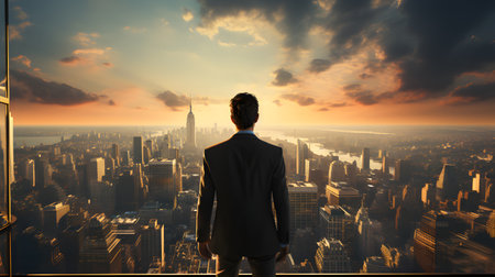 Back view of businsesman looking cityscape from his office, Standing tall against panoramic view, AI Generated, Generative AIの素材