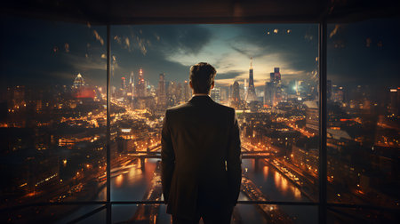 Back view of businsesman looking cityscape from his office, Standing tall against panoramic view, AI Generated, Generative AIの素材