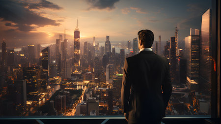 Back view of businsesman looking cityscape from his office, Standing tall against panoramic view, AI Generated, Generative AIの素材