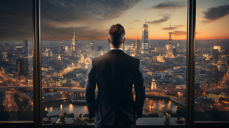 Back view of businsesman looking cityscape from his office, Standing tall against panoramic view, AI Generated, Generative AIの素材