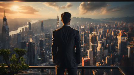 Back view of businsesman looking cityscape from his office, Standing tall against panoramic view, AI Generated, Generative AIの素材