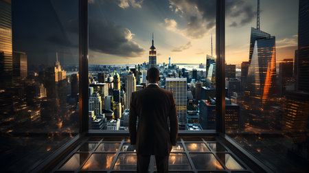 Back view of businsesman looking cityscape from his office, Standing tall against panoramic view, AI Generated, Generative AIの素材
