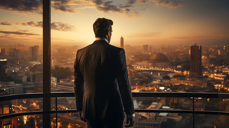 Back view of businsesman looking cityscape from his office, Standing tall against panoramic view, AI Generated, Generative AIの素材