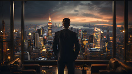 Back view of businsesman looking cityscape from his office, Standing tall against panoramic view, AI Generated, Generative AIの素材