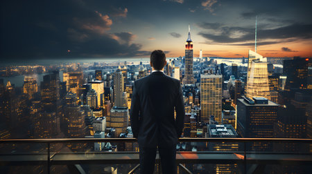 Back view of businsesman looking cityscape from his office, Standing tall against panoramic view, AI Generated, Generative AIの素材