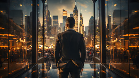 Back view of businsesman looking cityscape from his office, Standing tall against panoramic view, AI Generated, Generative AIの素材