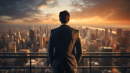 Back view of businsesman looking cityscape from his office, Standing tall against panoramic view, AI Generated, Generative AIの素材